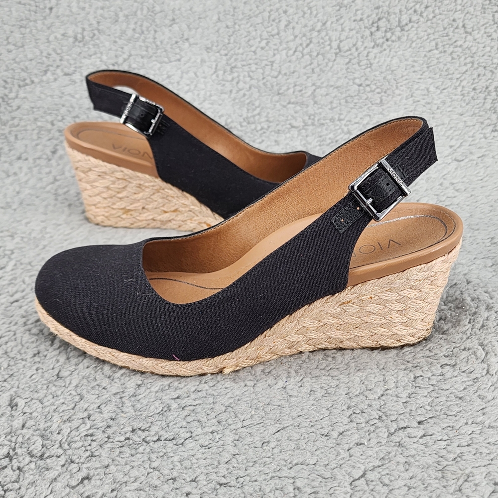 Vionic Coralina Black Fabric Wedge Espadrille Sandals Sz 6 Slingback Career